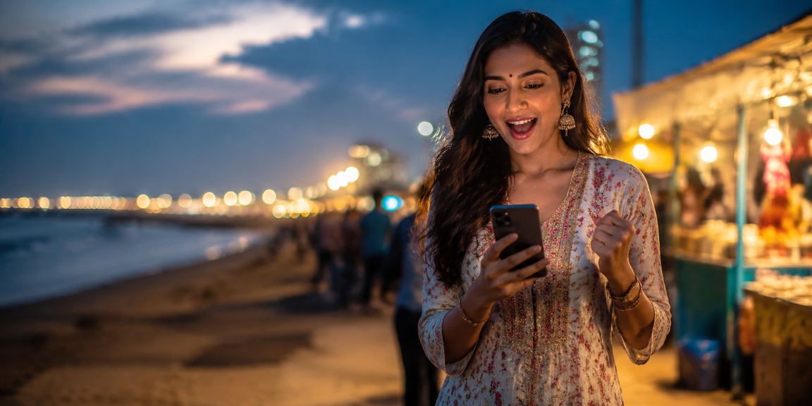 Andar Bahar player using mobile device at Chennai marina