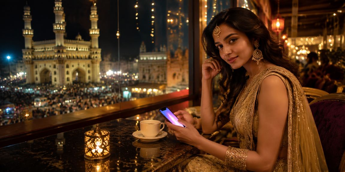 Indian woman enjoying online promotions on mobile in traditional attire